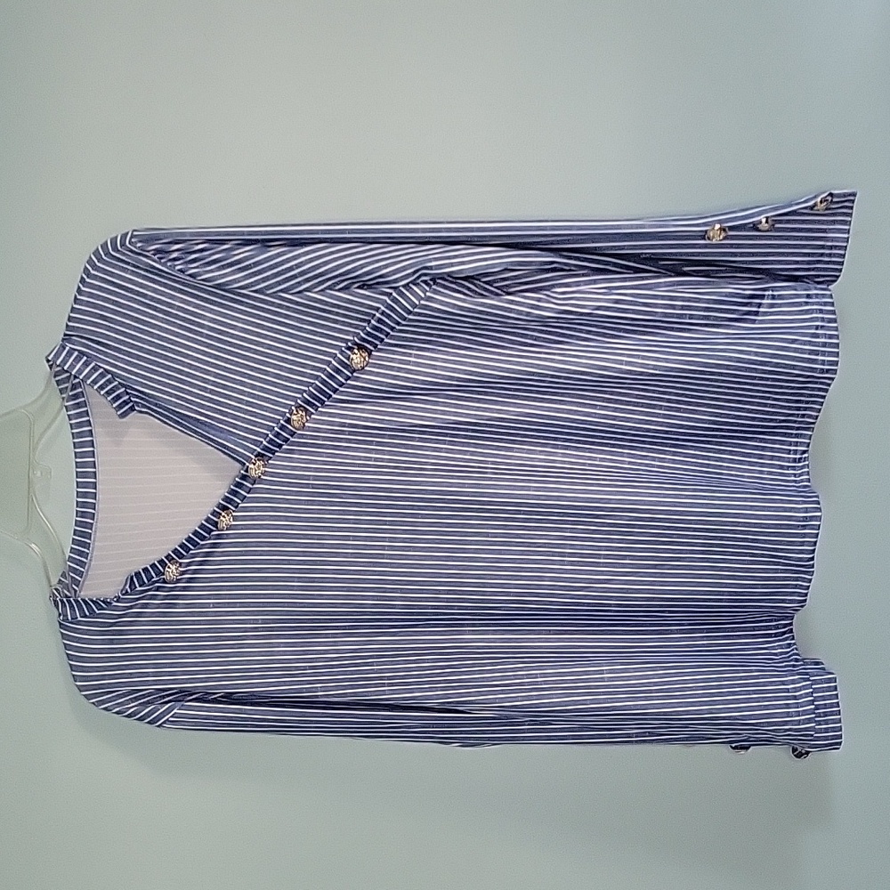 Denim Blue and white pinstripe blouse